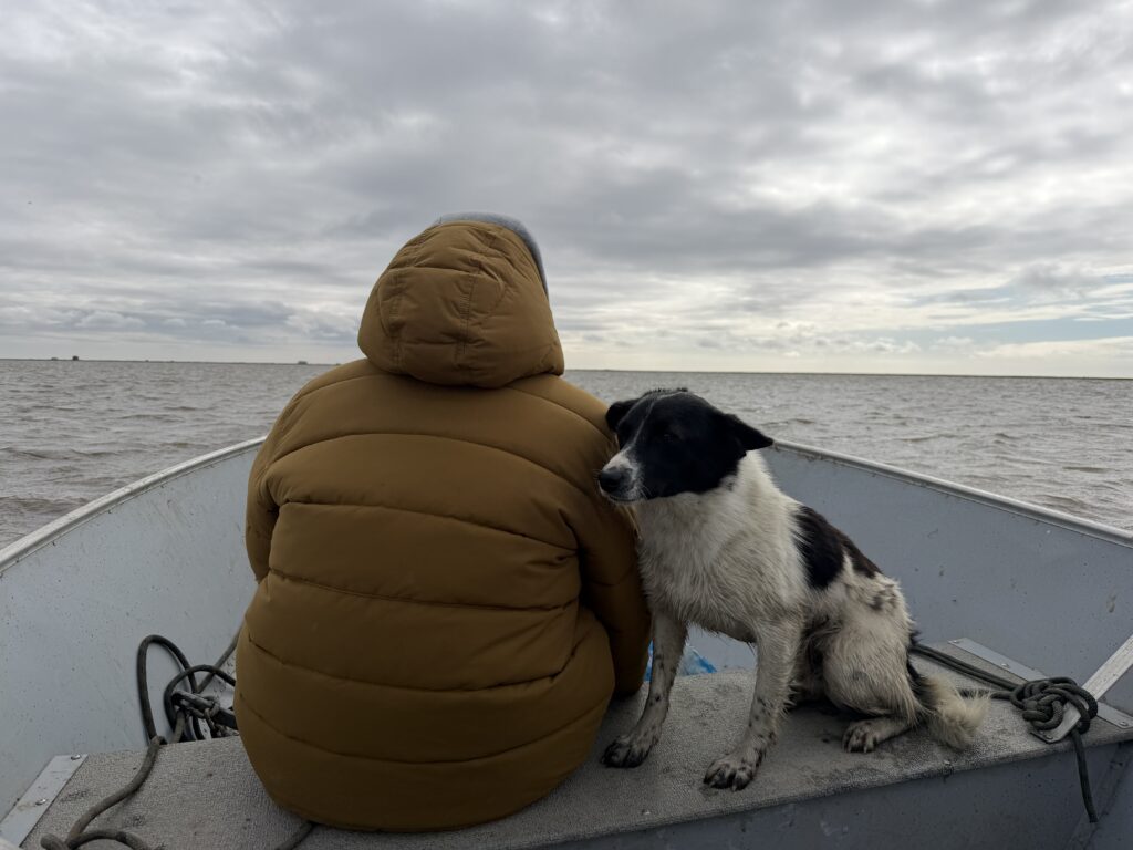 Twelve-year-old Preston Evan sits next to Oreo the dog on their way to find salmonberries just outside of Kipnuk on Aug. 12, 2026.