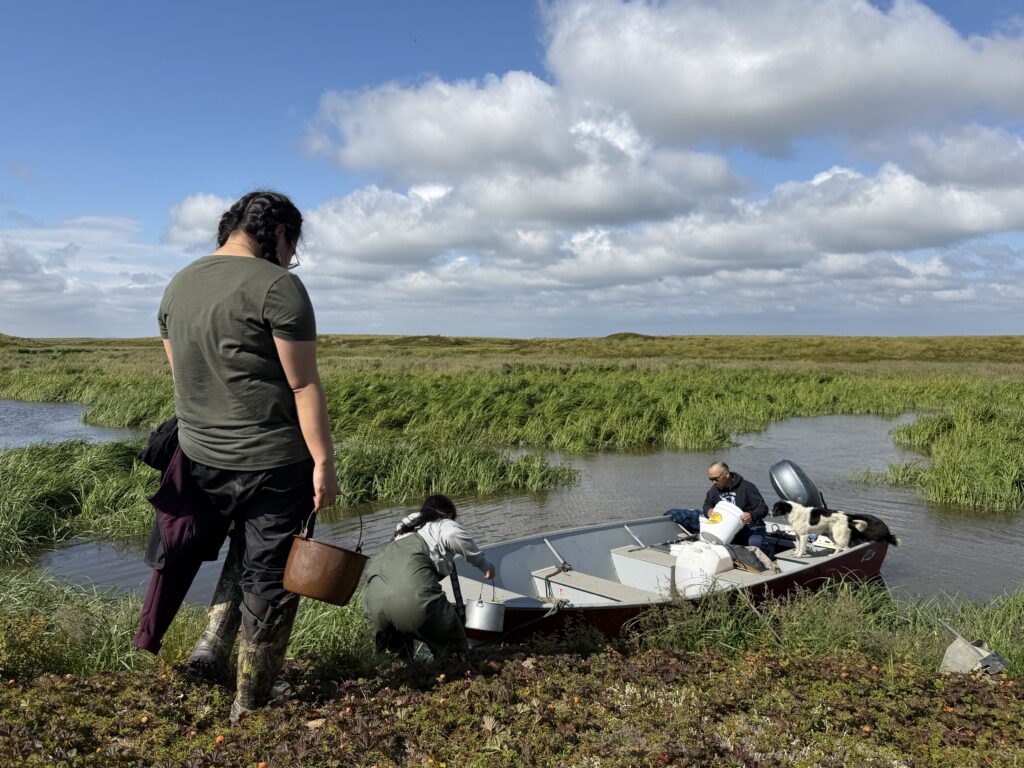 Caley Paul, Preston Evan, and Burt Paul dock their boat on a grassy slough off of the Kugkaktlik River near Kipnuk on Aug. 12, 2026.